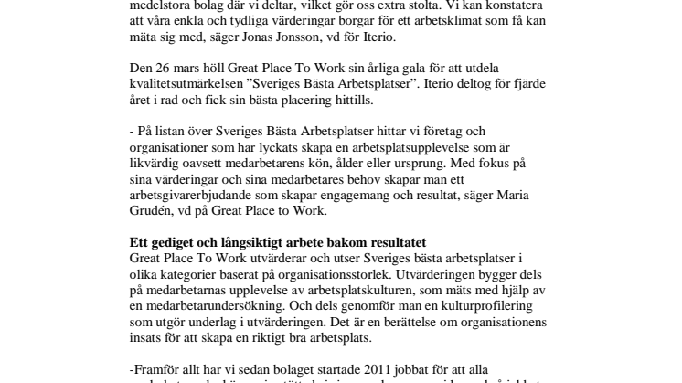 Iterio tog hem plats 4 i Sveriges Bästa Arbetsplatser 2018
