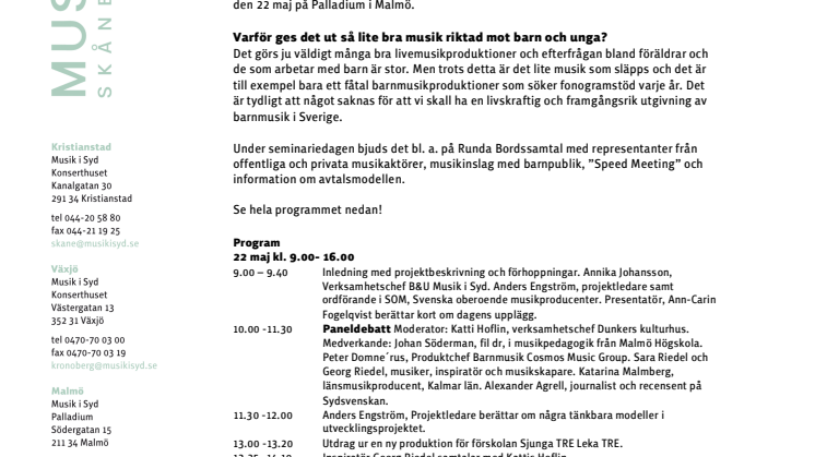 Mer bra musik till barn och unga!  Seminarium den 22 maj på Palladium i Malmö