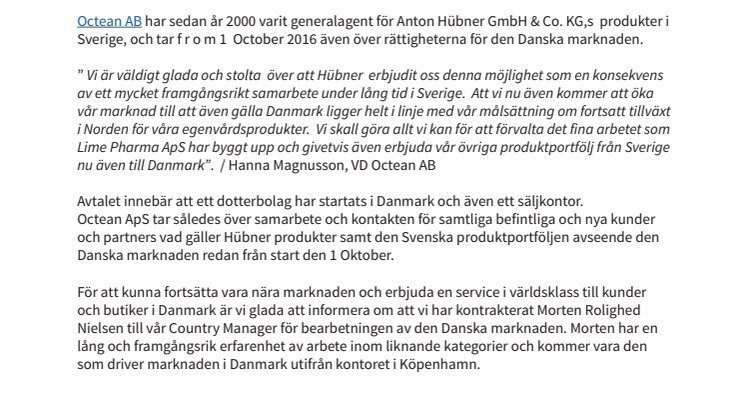Octean AB växer och blir generalagent för Hübner produkter även i Danmark