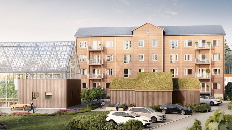 Brf Växthuset - 3D-bild av flerbostadshuset, förrådshus och växthus.