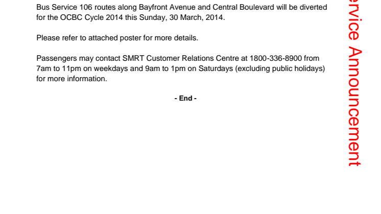 Route diversion due to OCBC Cycle 2014 on 30 March 2014