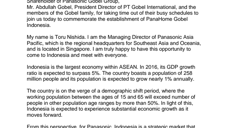 Address  by Mr. Toru Nishida, Managing Director, Panasonic Asia Pacific