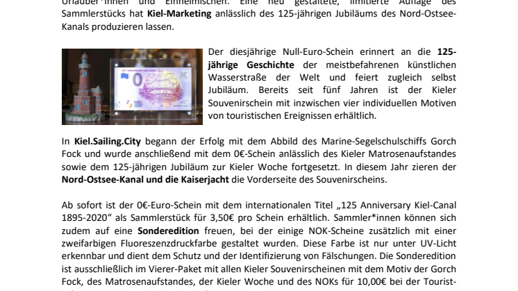 Neuer Null-Euro-Schein zu 125 Jahren Nord-Ostsee-Kanal