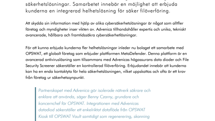 Advenica inleder partnerskap med OPSWAT