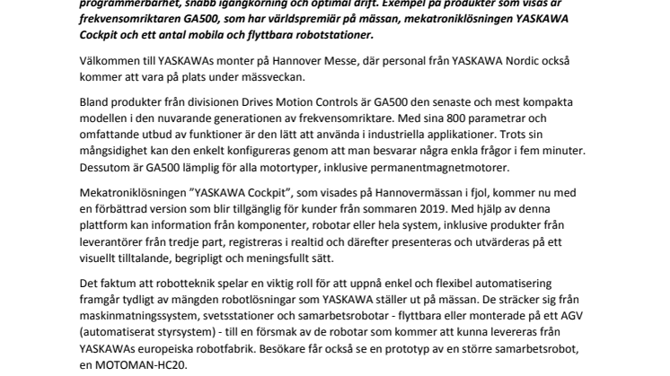 YASKAWA visar många nyheter på Hannovermässan i april
