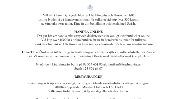 Lisa Elmqvist bjuder på hemleverans av take away vid köp över 500 kr