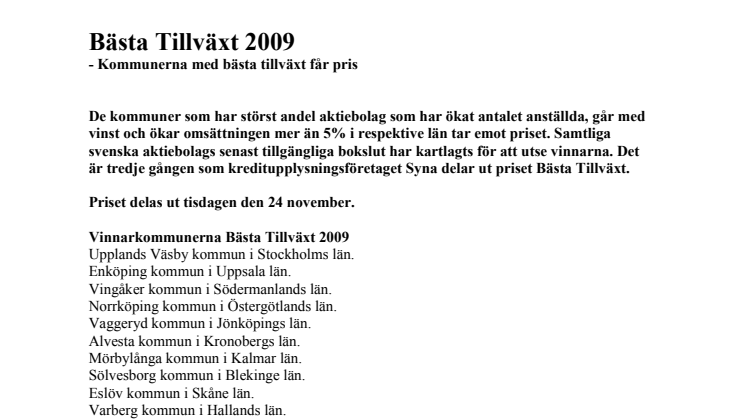 Kommunerna med Bästa Tillväxt 2009