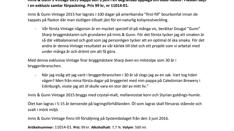 Innis & Gunn släpper sin första Vintage – ett samlarobjekt för konnässören