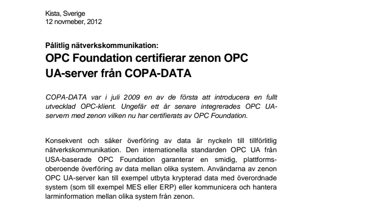 Automation: OPC Foundation certifierar zenon OPC  UA-server från COPA-DATA 