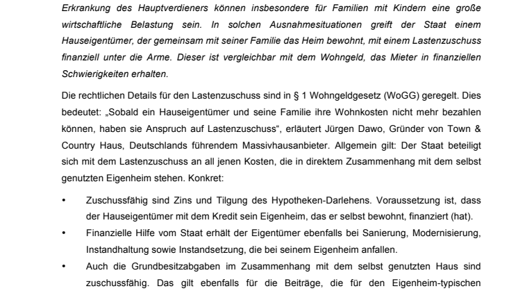 Town & Country–Verbrauchertipp Lastenzuschuss:  So profitieren Hauseigentümer bei finanziellen Problemen