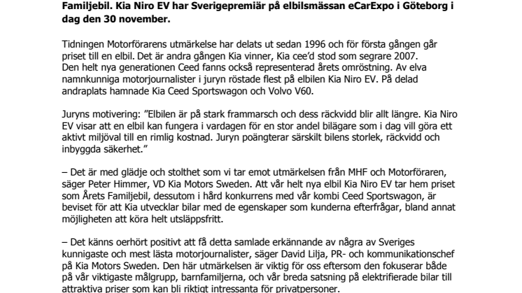 ​Kia Niro EV vald till Årets Familjebil