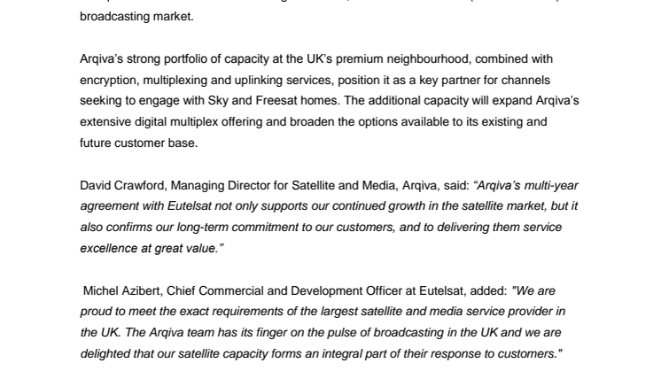 Arqiva scales up Eutelsat satellite capacity for DTH broadcasting 
