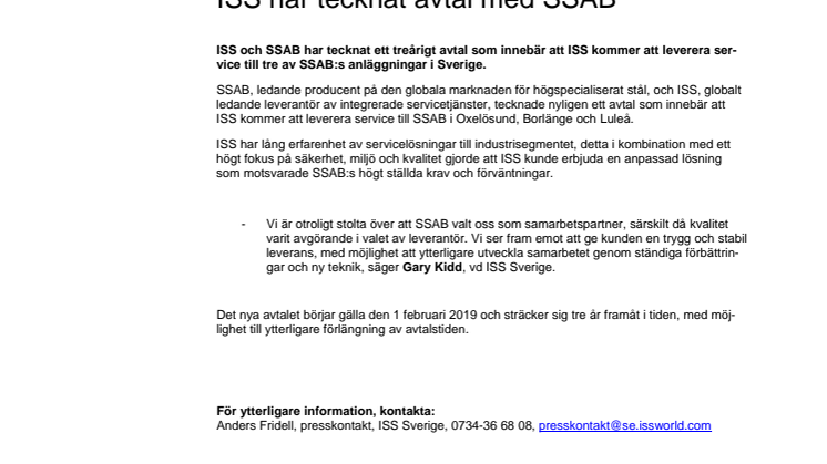 ISS har tecknat avtal med SSAB