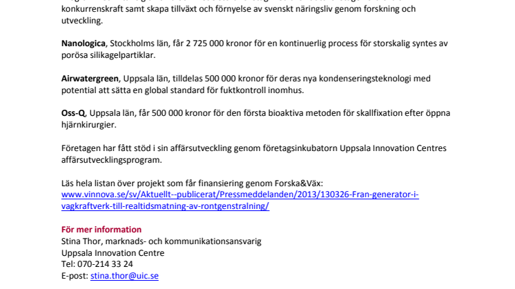 Tre UIC-bolag får totalt 3,7 mkr från VINNOVA