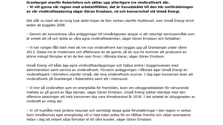 Umeå Energi tar hem vindenergin  till Umeåregionen