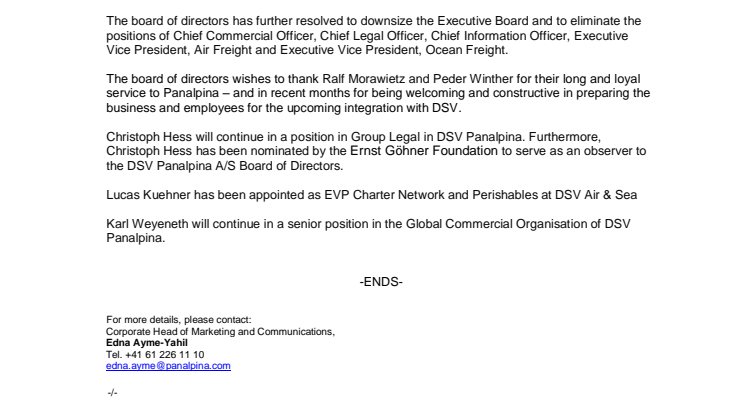 Changes to Panalpina Executive Board