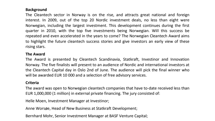 Five finalists selected for the Norwegian Cleantech Award