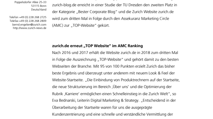 Ausgezeichnete Kommunikations-Kanäle: Zurich-Blog und Zurich Website überzeugen Experten-Jurys 