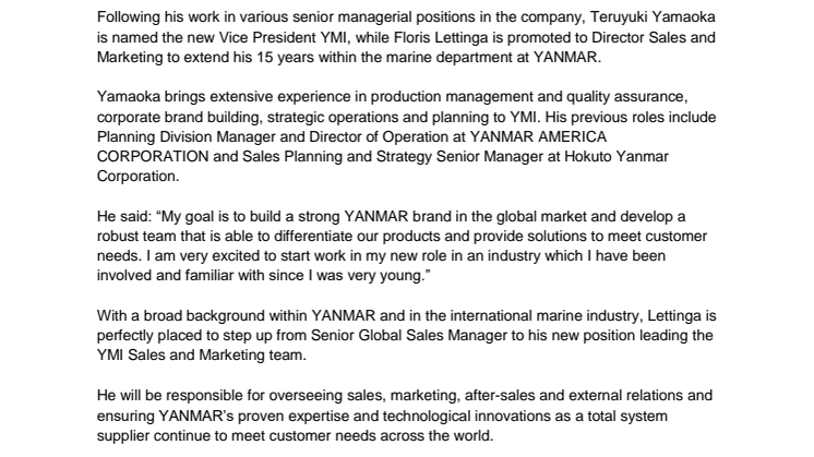 YANMAR MARINE INTERNATIONAL Announces Key Appointments