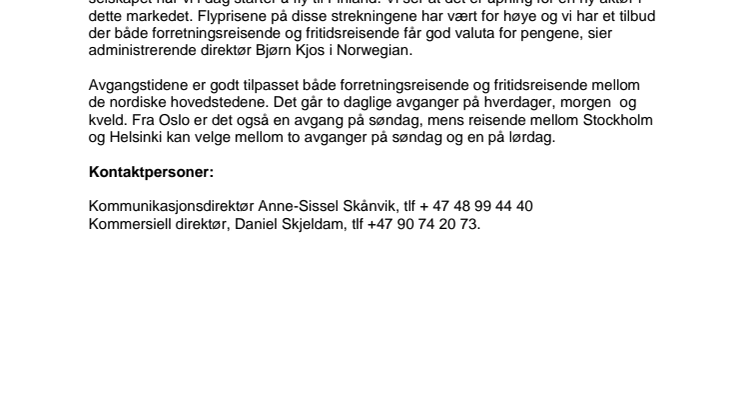 Norwegian starter flygningene til Finland i dag