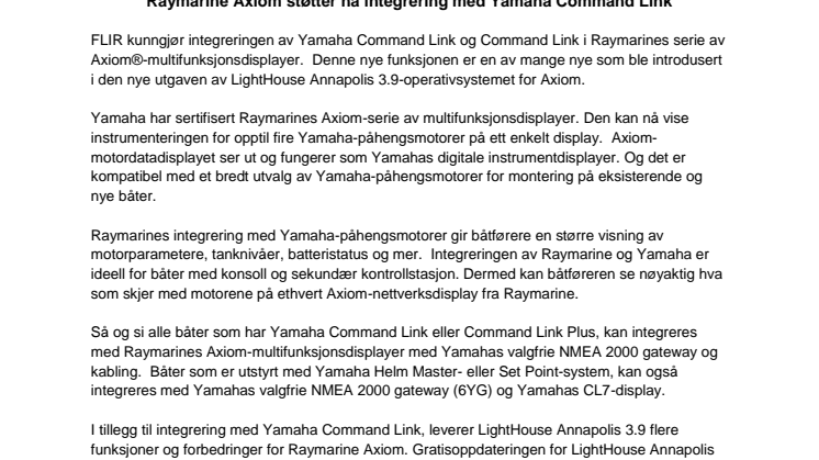 Raymarine Axiom støtter nå integrering med Yamaha Command Link