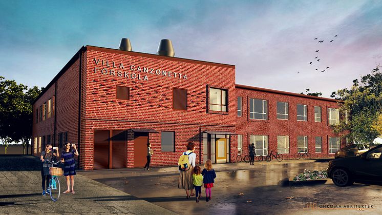 Förskolan byggs enligt Sunda Hus med solceller och sedumtak på taket. Illustration: Chroma Arkitekter