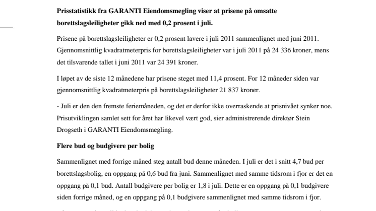 Borettslagsleiligheter: Prisnedgang i juli