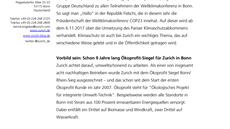 Zurich begrüßt alle Teilnehmer der Weltklimakonferenz in Bonn