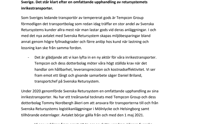 Tempcon ny transportör för Svenska Retursystem i region syd