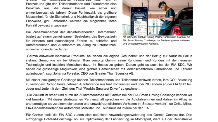 PM Garmin unterstützt FIA Smart Driving Challenge