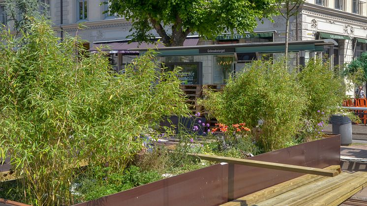 Den avstängda hållplatsen vid Grönsakstorget under bygget av den gröna mötesplatsen.  Bild: Trafikkontoret Göteborgs Stad