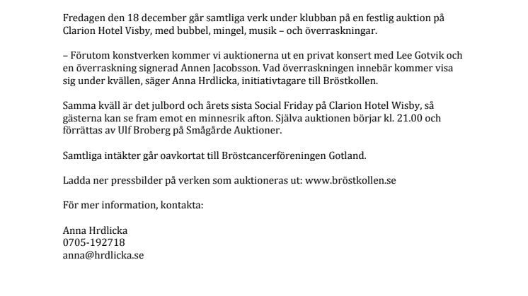 Bröstkollen auktionerar ut Lee Gotvik och Annen Jakobsson – och 14 konstverk