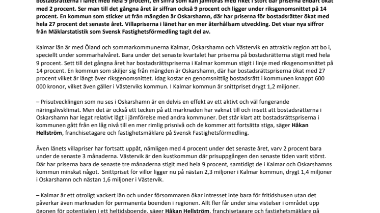 Bostadsrätterna i länet stiger kraftigt i pris – extrem prisutveckling i Oskarshamn