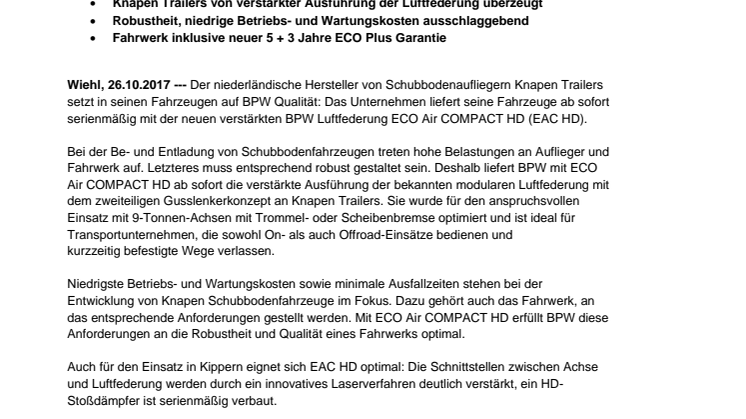 BPW Luftfederung ECO Air COMPACT HD jetzt serienmäßig in Knapen Schubbodenaufliegern