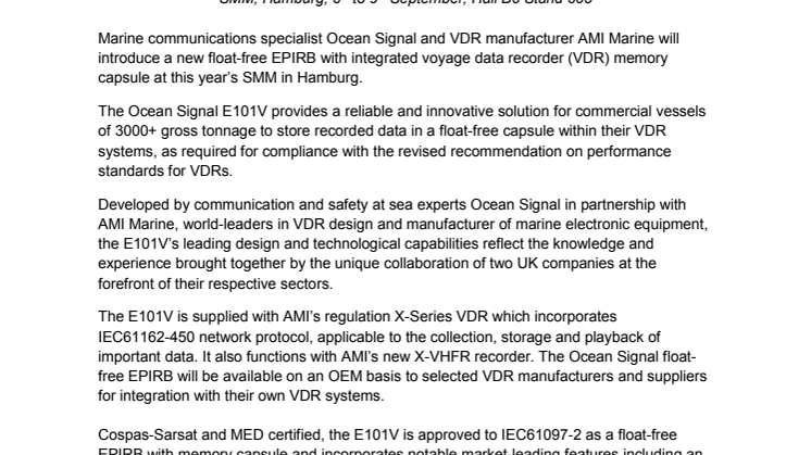 Ocean Signal: Ocean Signal and AMI Marine Launch New E101V Float-Free EPIRB with VDR Memory Capsule at SMM