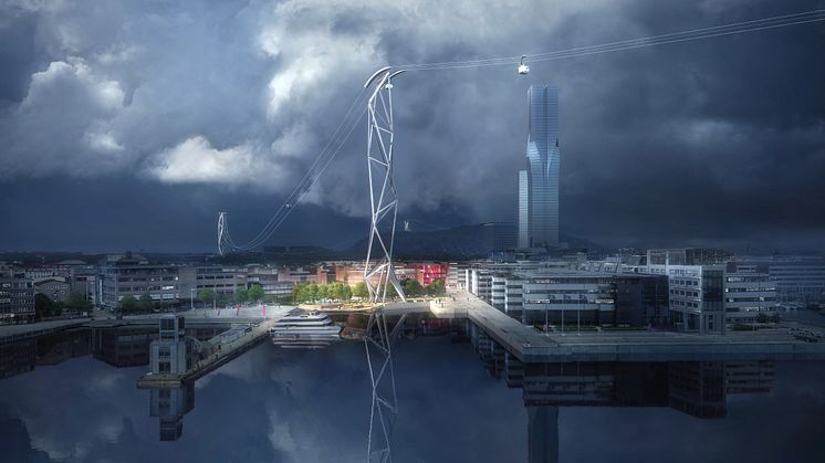 Illustration i det vinnande förslaget som visar tornens utformning och gestaltning, här på Lindholmen. Illustration: UNStudio och Kjellgren Kaminsky Architecture 