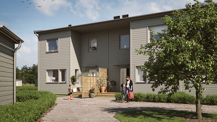 Bilden är en illustration av hur ett nybyggt kvarter med BoKlok radhus kan se ut.