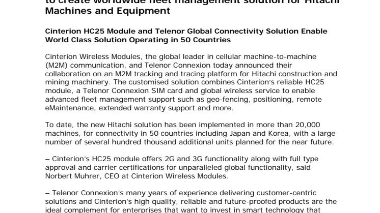 Telenor Connexion and Cinterion Wireless Modules Team Up to Create Worldwide Fleet Management Solution for Hitachi Construction Machinery’s Global e-Service