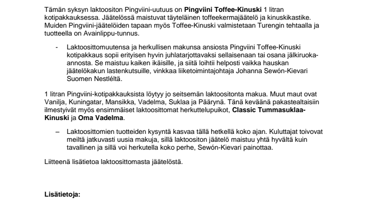 Syksyn uutuusmaku Pingviini Toffee-Kinuski täydentää laktoosittomien jäätelöiden valikoimaa