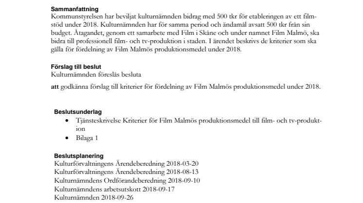 Tjänsteskrivelse kriterier produktionsmedel Film Malmö