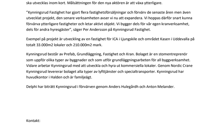 Delphi rådgivare åt Kynningsrud Fastighet vid köp av fastigheter i Karlstad och Falkenberg