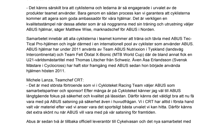 Cykling: Cykloteket Racing Team väljer ABUS