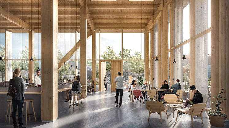 Entréplan med cirka 7 meter i takhöjd med möjlighet för restaurang och butik och som samlingsplats för Nya Hovås.