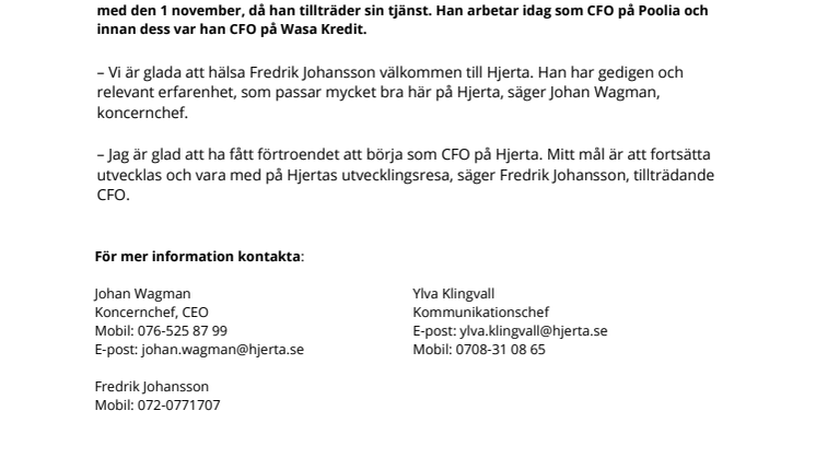 Fredrik Johansson ny CFO i Hjertakoncernen