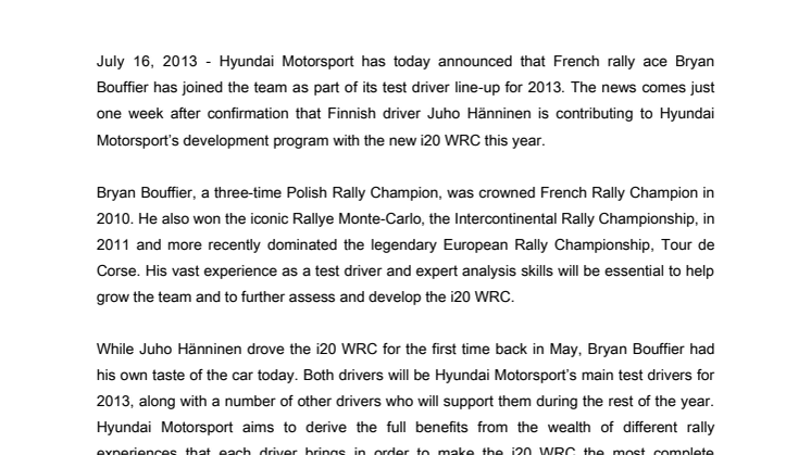 Bouffier er testfører for Hyundai Motorsport