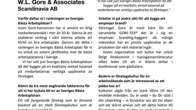 VD har ordet! - Gunnar Carlsson - W.L Gore & Associates Scandinavia AB