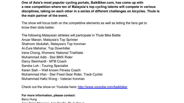 Thule Bike Battle, Malaysia’s latest bike reality show  starts today