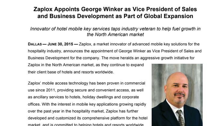 Innovator of hotel mobile key services Zaplox taps industry veteran to help fuel growth in the North American market