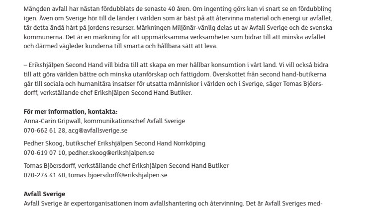 Erikshjälpen Second Hand i Norrköping blir Miljönär-märkt