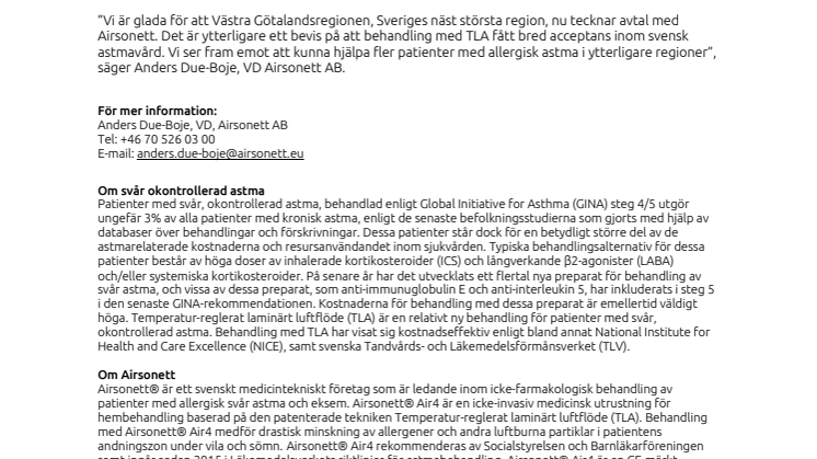Nytt avtal för Airsonett: patienter med svår allergisk astma i Västra Götalandsregionen kan nu få behandling med TLA via landstinget